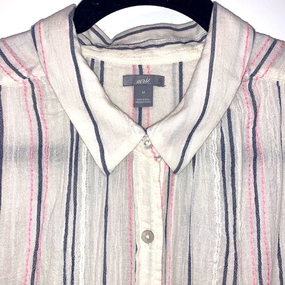 2/$14 Aerie Button Down Short Sleeve Striped Blouse Cream w/ Blue & Pink Stripe - Picture 2 of 8